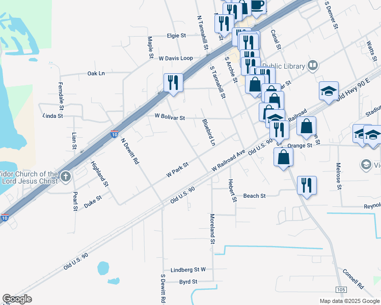 map of restaurants, bars, coffee shops, grocery stores, and more near 235 Mill Street in Vidor