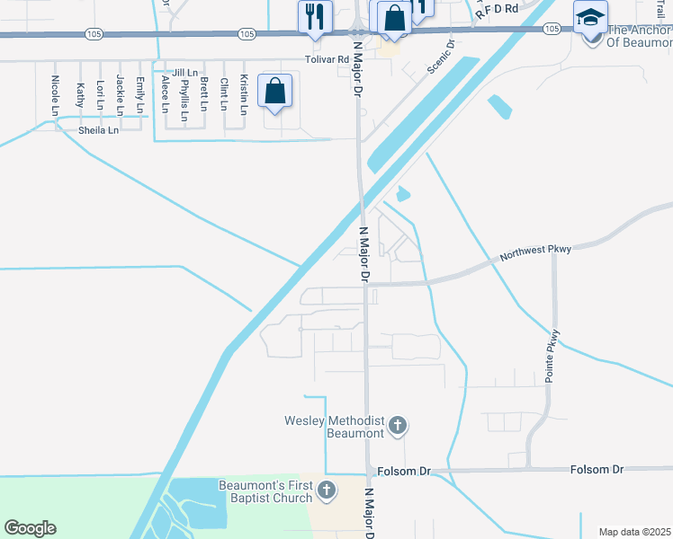 map of restaurants, bars, coffee shops, grocery stores, and more near 4525 North Major Drive in Beaumont