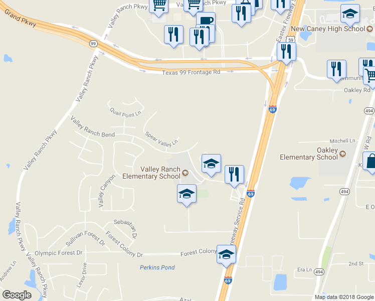 map of restaurants, bars, coffee shops, grocery stores, and more near 21800 Valley Ranch Crossing Drive in Porter