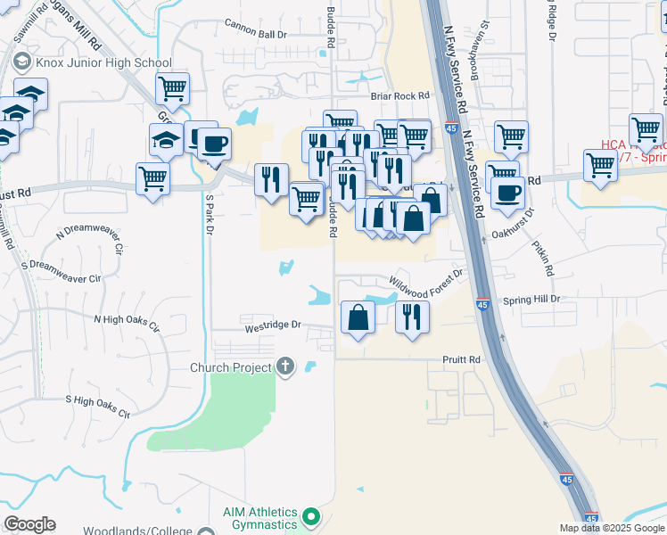 map of restaurants, bars, coffee shops, grocery stores, and more near 24810 Budde Road in The Woodlands