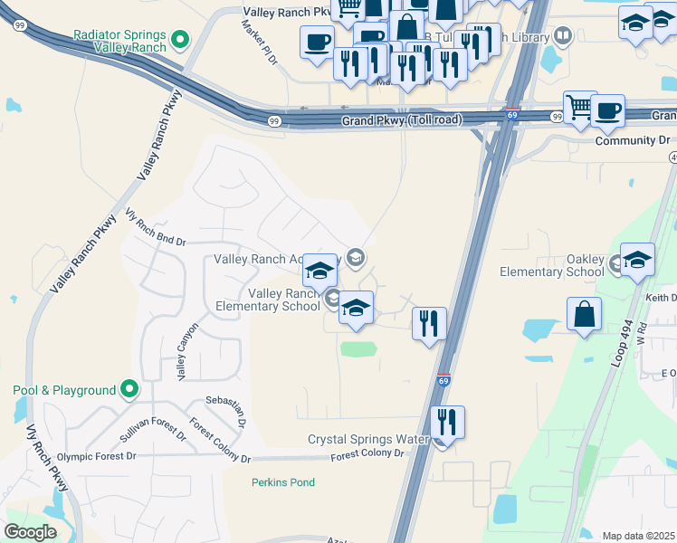 map of restaurants, bars, coffee shops, grocery stores, and more near 21700 Valley Ranch Crossing Drive in Porter