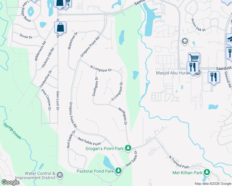 map of restaurants, bars, coffee shops, grocery stores, and more near 2 Shaker Lane East in Spring
