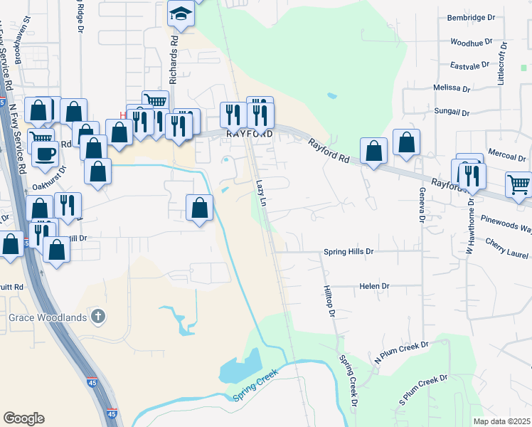 map of restaurants, bars, coffee shops, grocery stores, and more near 29836 Lazy Lane in Spring