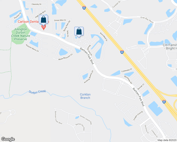 map of restaurants, bars, coffee shops, grocery stores, and more near 6818 Arching Branch Circle in Jacksonville