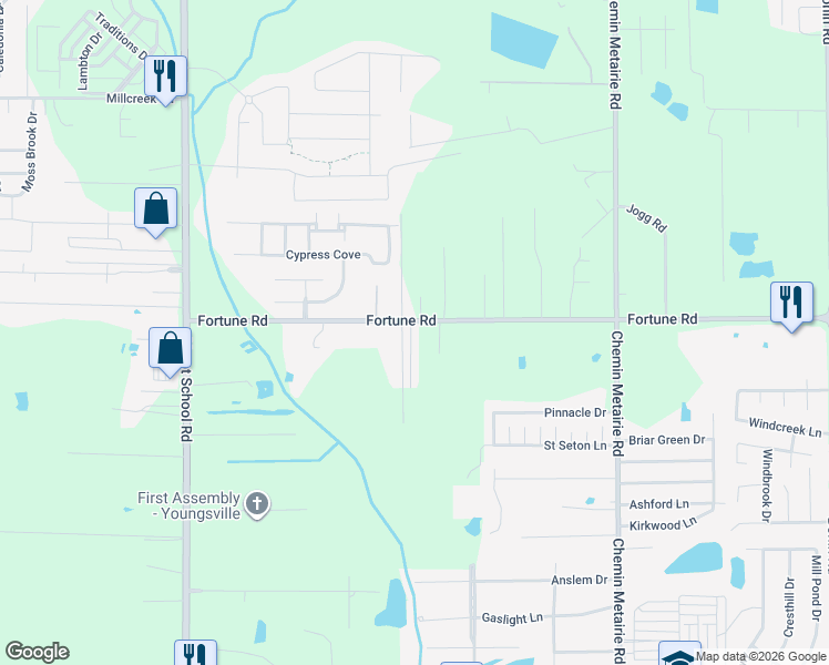 map of restaurants, bars, coffee shops, grocery stores, and more near 400 Fortune Road in Youngsville