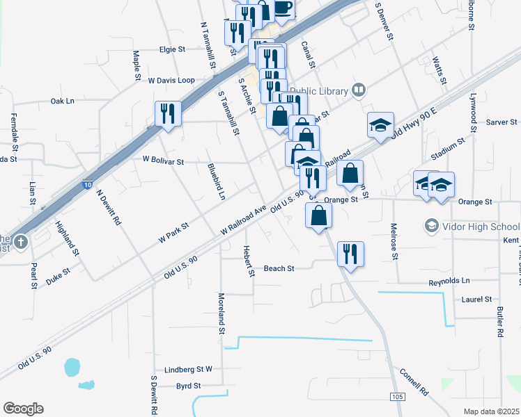 map of restaurants, bars, coffee shops, grocery stores, and more near 340 West Railroad Avenue in Vidor