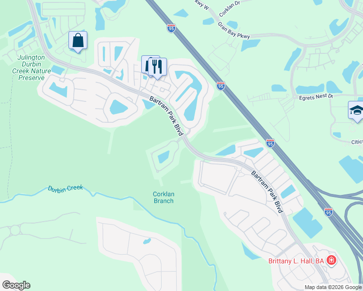 map of restaurants, bars, coffee shops, grocery stores, and more near 6513 Arching Branch Circle in Jacksonville