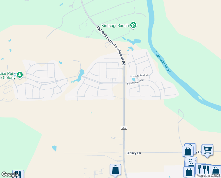 map of restaurants, bars, coffee shops, grocery stores, and more near 100 Esparza Drive in Bastrop
