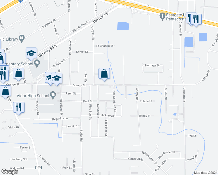 map of restaurants, bars, coffee shops, grocery stores, and more near 1035 Pine Cove Street in Vidor