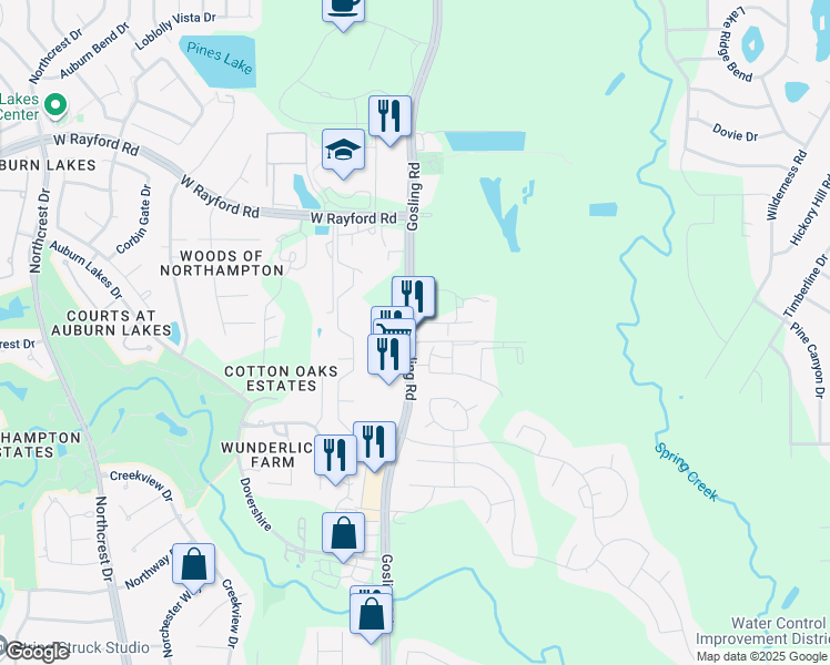 map of restaurants, bars, coffee shops, grocery stores, and more near 24600 Gosling Road in Spring