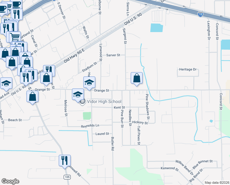 map of restaurants, bars, coffee shops, grocery stores, and more near 125 Butler Road in Vidor