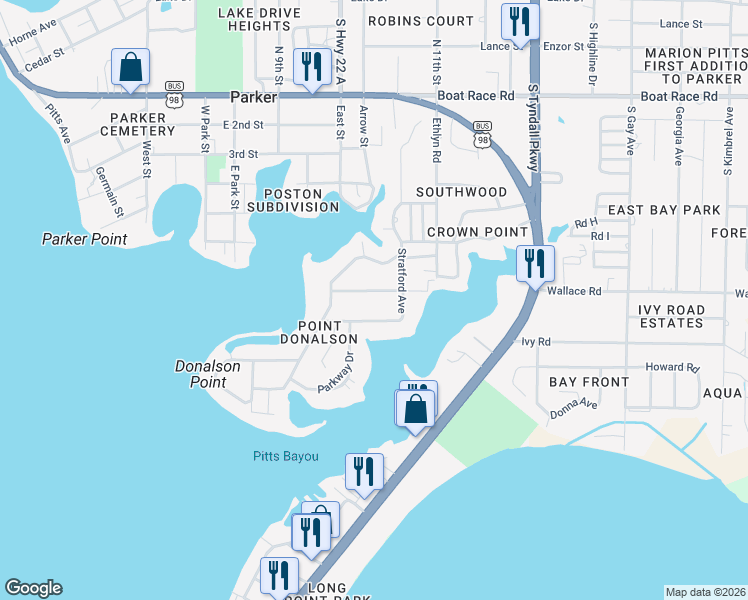 map of restaurants, bars, coffee shops, grocery stores, and more near 1334 Stratford Avenue in Panama City