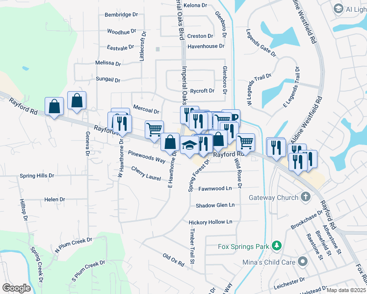 map of restaurants, bars, coffee shops, grocery stores, and more near 2106 Rayford Road in Spring