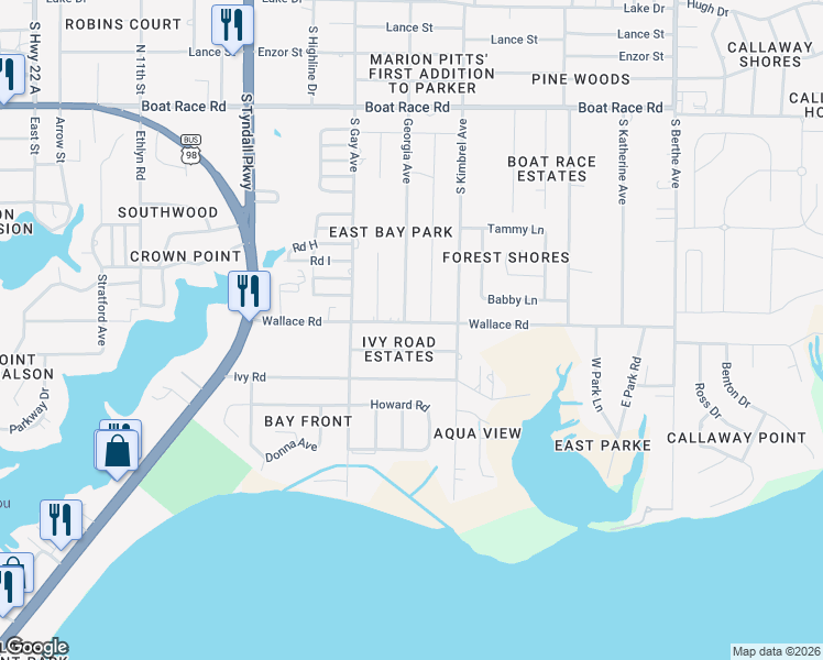 map of restaurants, bars, coffee shops, grocery stores, and more near 6020 Wallace Road in Panama City