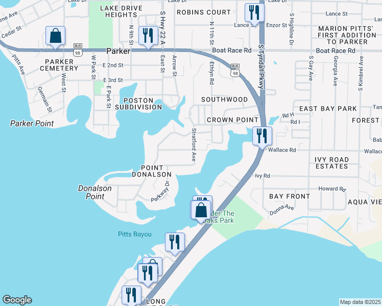 map of restaurants, bars, coffee shops, grocery stores, and more near 1334 Stratford Avenue in Panama City