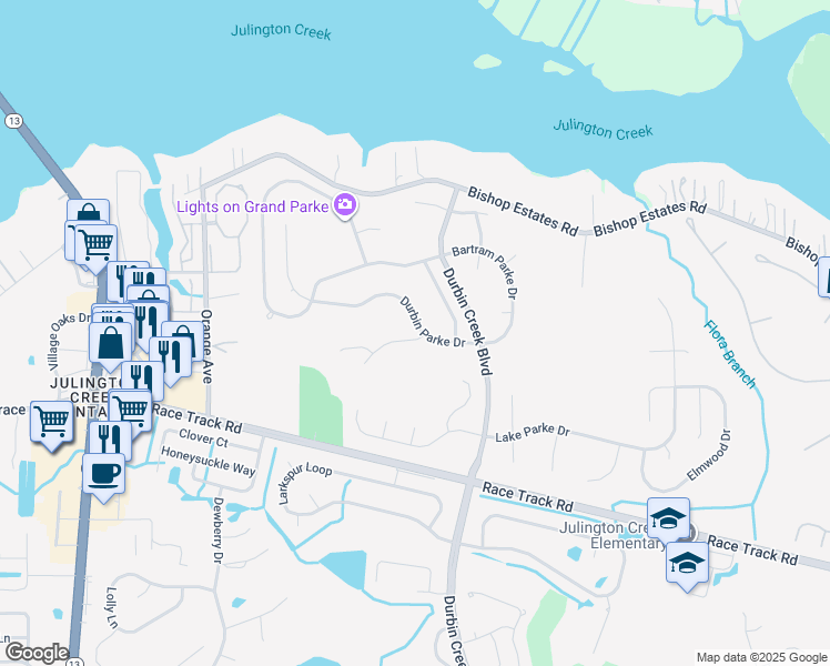map of restaurants, bars, coffee shops, grocery stores, and more near 1032 Durbin Parke Drive in Jacksonville