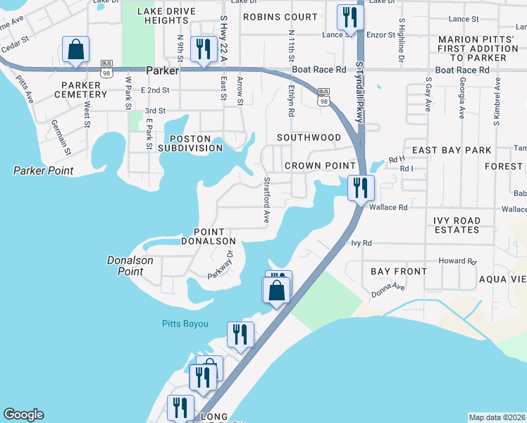 map of restaurants, bars, coffee shops, grocery stores, and more near 1334 Stratford Avenue in Panama City