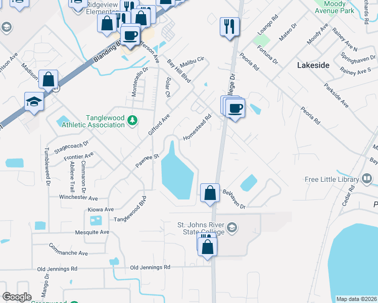 map of restaurants, bars, coffee shops, grocery stores, and more near 1440 Waco Court in Orange Park