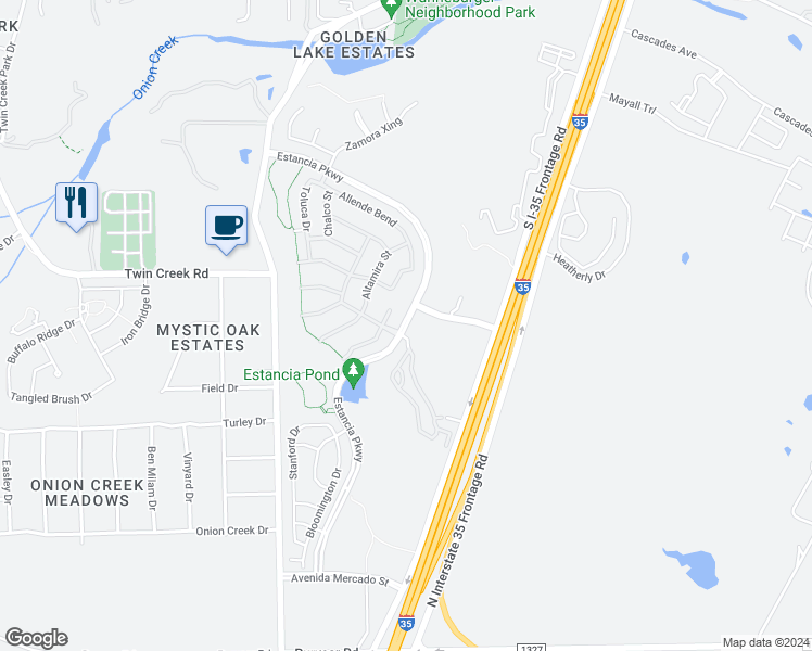 map of restaurants, bars, coffee shops, grocery stores, and more near 1210 Estancia Parkway in Manchaca