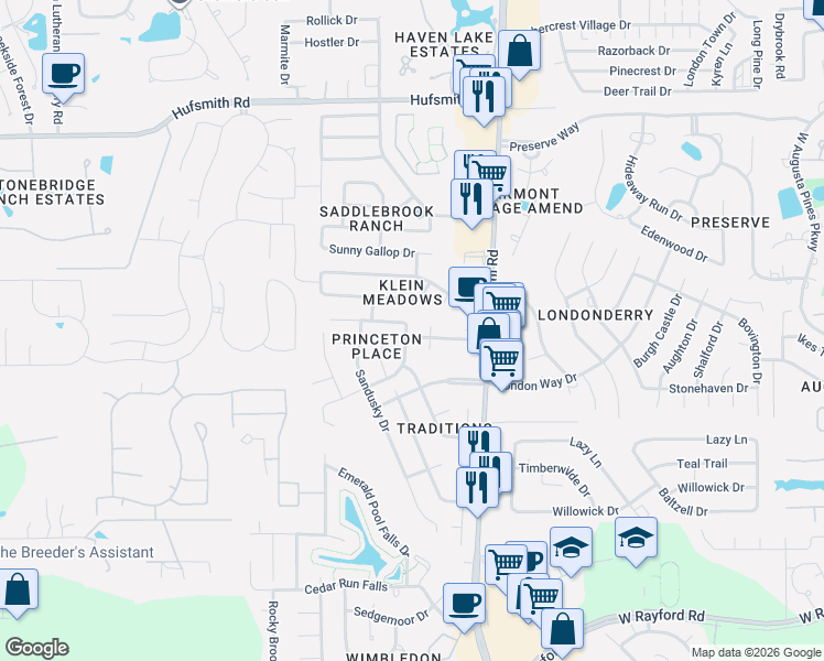 map of restaurants, bars, coffee shops, grocery stores, and more near 24915 Oconee Drive in Tomball