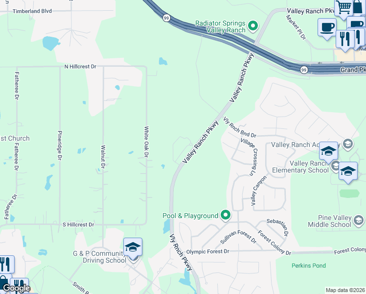 map of restaurants, bars, coffee shops, grocery stores, and more near Valley Ranch Parkway in Porter