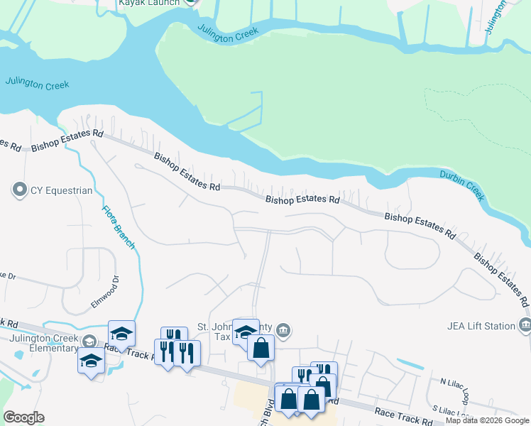 map of restaurants, bars, coffee shops, grocery stores, and more near 525 Bronze Branch Court in Saint Johns