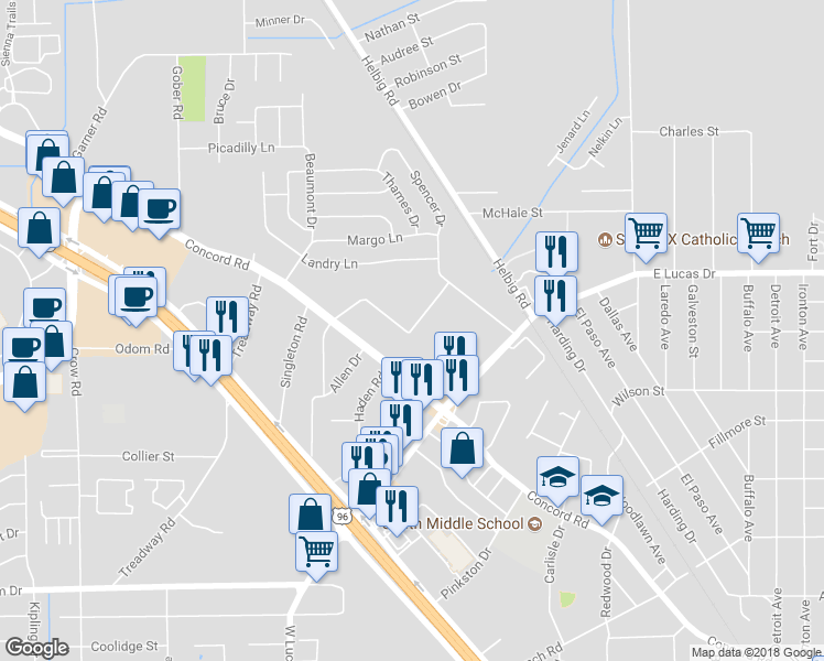 map of restaurants, bars, coffee shops, grocery stores, and more near 5480 Pine Burr Boulevard in Beaumont