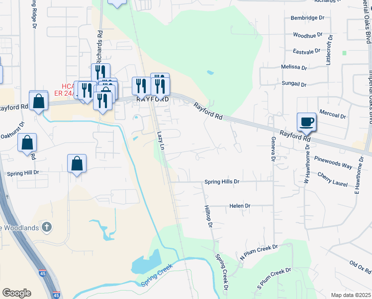 map of restaurants, bars, coffee shops, grocery stores, and more near 29810 Lazy Lane in Spring