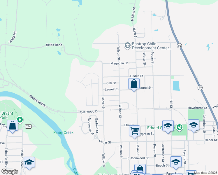 map of restaurants, bars, coffee shops, grocery stores, and more near 404 Juniper Street in Bastrop