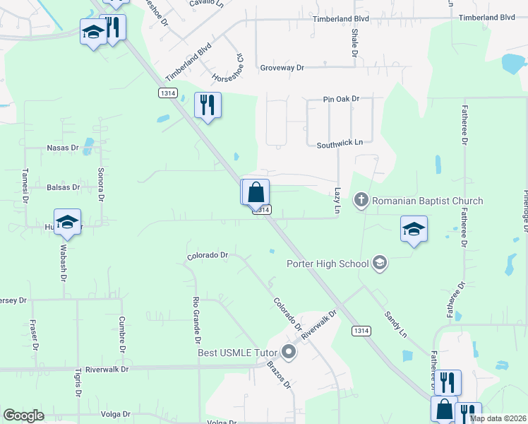map of restaurants, bars, coffee shops, grocery stores, and more near 22415 Farm to Market Road 1314 in Porter