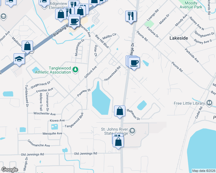 map of restaurants, bars, coffee shops, grocery stores, and more near 1440 Waco Court in Orange Park