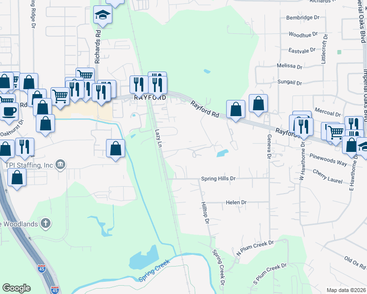 map of restaurants, bars, coffee shops, grocery stores, and more near 29810 Lazy Lane in Spring