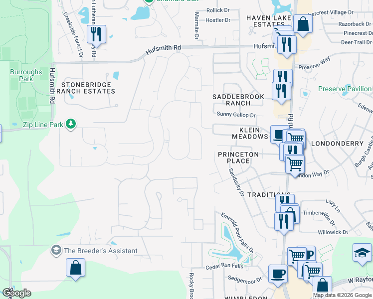 map of restaurants, bars, coffee shops, grocery stores, and more near 24802 Pavonia Lake Lane in The Woodlands
