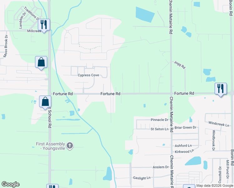 map of restaurants, bars, coffee shops, grocery stores, and more near 400 Fortune Road in Youngsville
