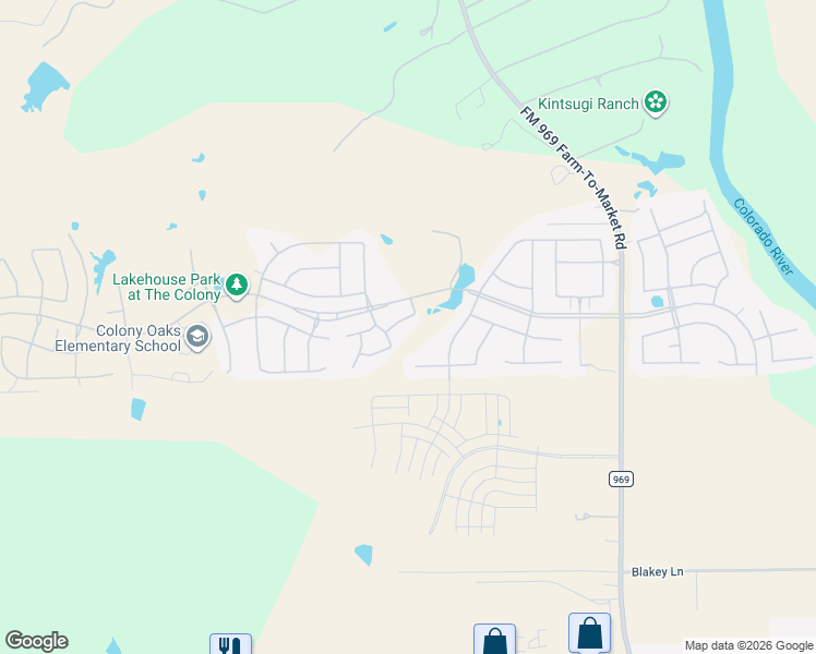 map of restaurants, bars, coffee shops, grocery stores, and more near George Neggan Lane in Bastrop