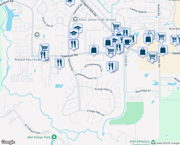 map of restaurants, bars, coffee shops, grocery stores, and more near 2 Evening Song Court in Spring