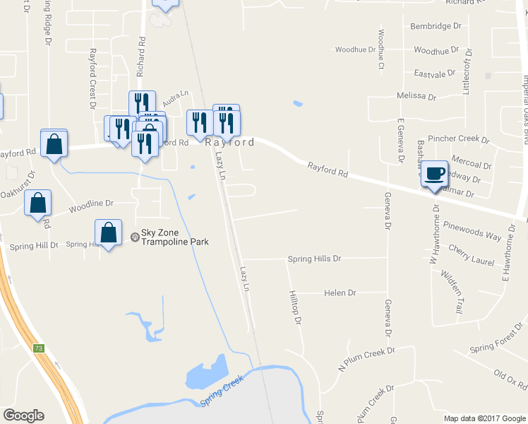 map of restaurants, bars, coffee shops, grocery stores, and more near 29810 Lazy Lane in Spring