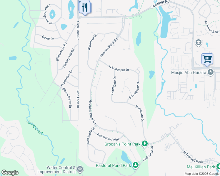 map of restaurants, bars, coffee shops, grocery stores, and more near 34 Southgate Drive in Spring