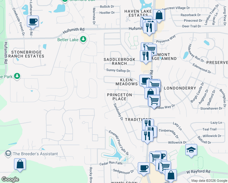 map of restaurants, bars, coffee shops, grocery stores, and more near 8715 Cedar Walk Drive in Tomball