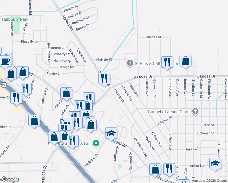 map of restaurants, bars, coffee shops, grocery stores, and more near 4755 Harding Drive in Beaumont