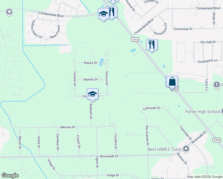 map of restaurants, bars, coffee shops, grocery stores, and more near 22769 Sonora Drive in Porter