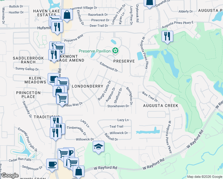 map of restaurants, bars, coffee shops, grocery stores, and more near 25027 Aughton Drive in Spring