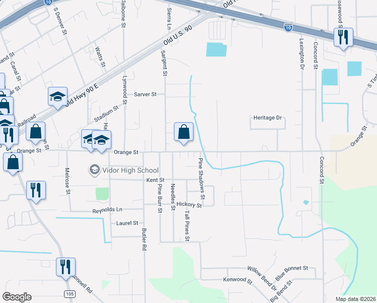 map of restaurants, bars, coffee shops, grocery stores, and more near Orange Street in Vidor