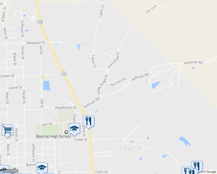 map of restaurants, bars, coffee shops, grocery stores, and more near 111 Post Oak Rim in Bastrop