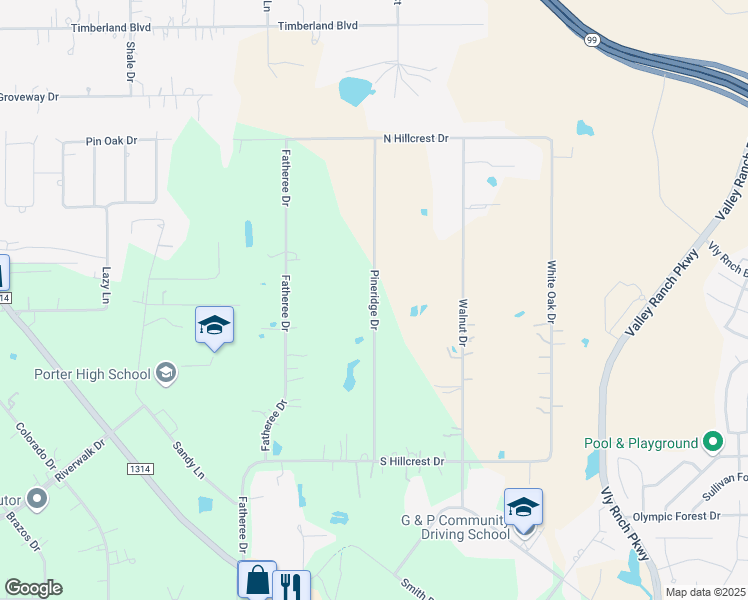 map of restaurants, bars, coffee shops, grocery stores, and more near 22421 Pineridge Drive in Porter