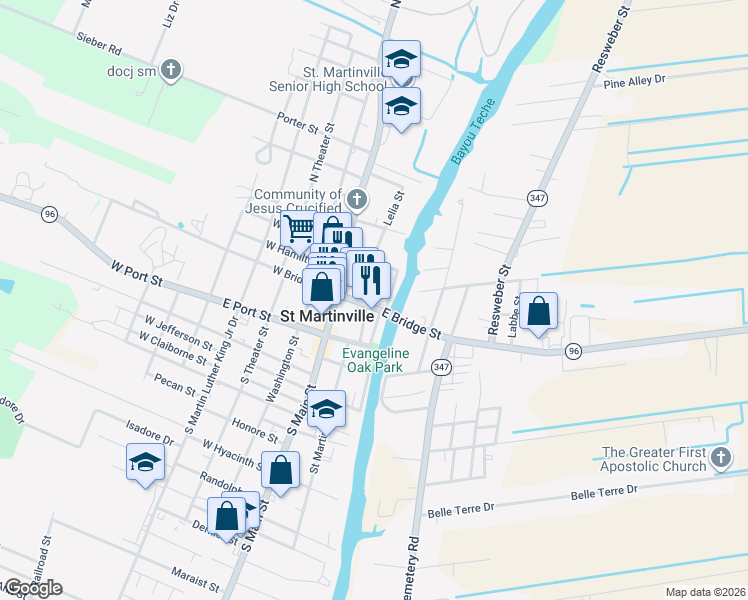 map of restaurants, bars, coffee shops, grocery stores, and more near 201299 East Hamilton Street in Saint Martinville