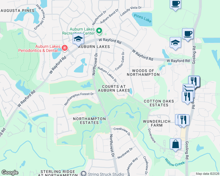 map of restaurants, bars, coffee shops, grocery stores, and more near 25143 Arcane Court in Spring