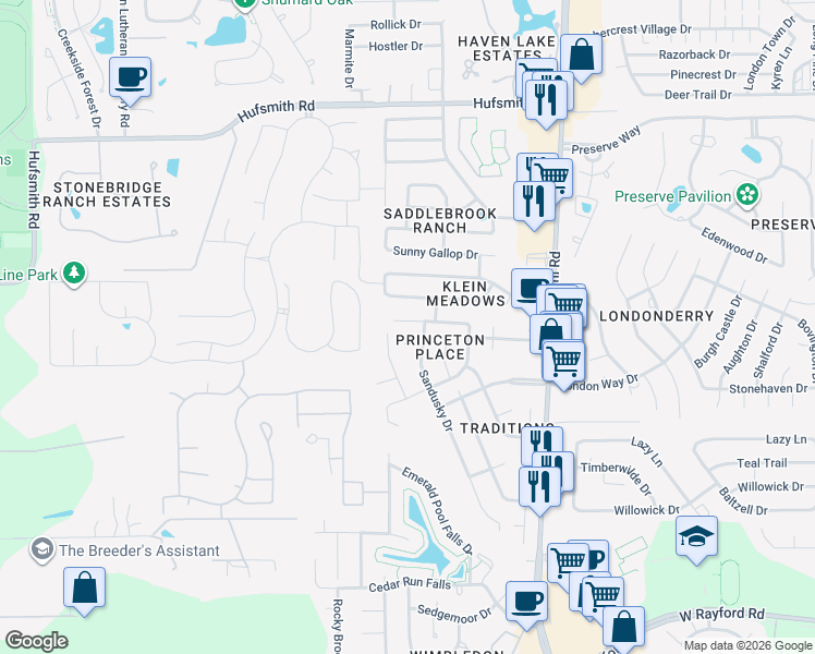 map of restaurants, bars, coffee shops, grocery stores, and more near 8707 Sorrel Meadows Drive in Tomball