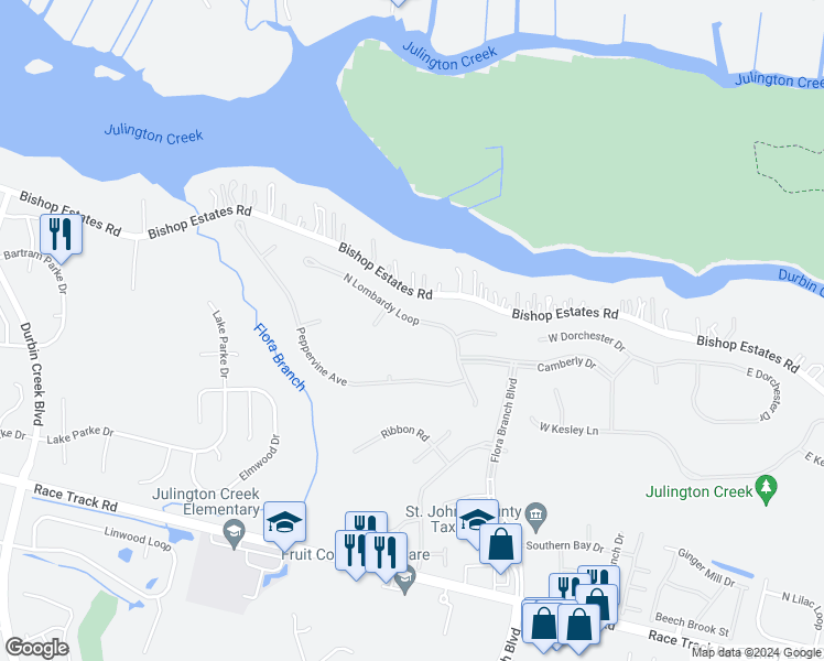 map of restaurants, bars, coffee shops, grocery stores, and more near 332 North Lombardy Loop in Jacksonville