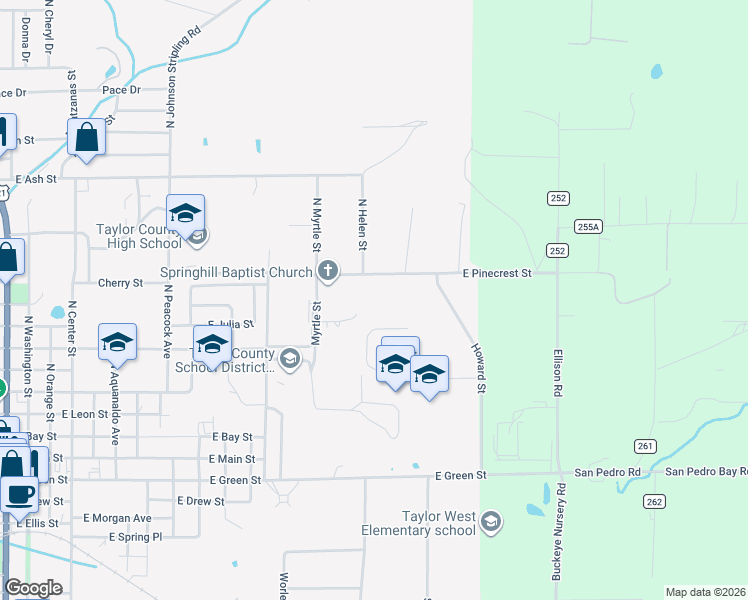 map of restaurants, bars, coffee shops, grocery stores, and more near 1259 West Pinecrest Street in Perry